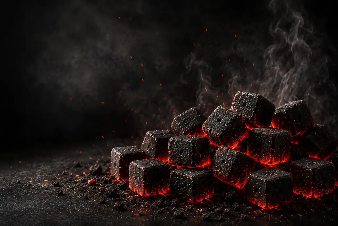Premium coconut shell charcoal with glowing embers